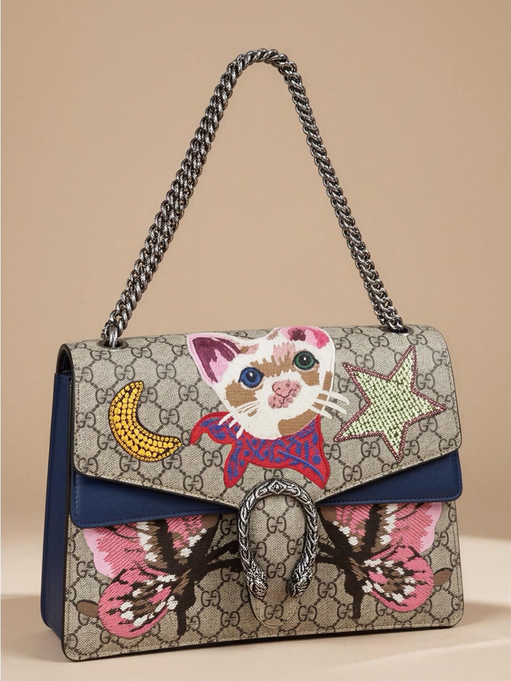 Gucci Beige GG Canvas Shoulder Bag with Blue Trim and Multicolor Embroidery